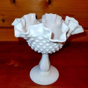 Vintage Fenton Hobnail Milk Glass Ruffled Edge Pedestal Vase Compote Candy Dish